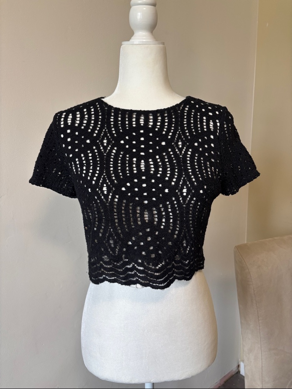 Forever 21 Black Crochet Short Sleeve Crop Top